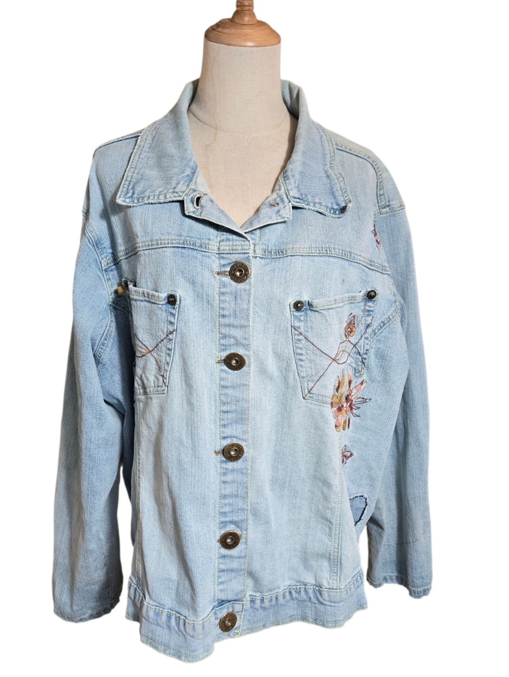Zanadi Vintage 90s Y2k Light Blue Embroidered Denim Jacket Plus Size